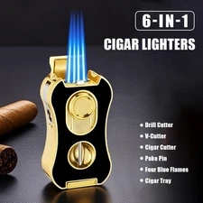 6-in-1 Quad Blue Flame Torch Lighter 🔥 Cigar Cutter Set | Refillable Metal Gift