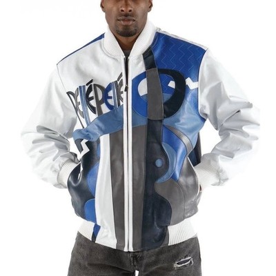 90s White Picasso Plush Leather Bomber Jacket Men's Streetwear Retro Rare Coat 