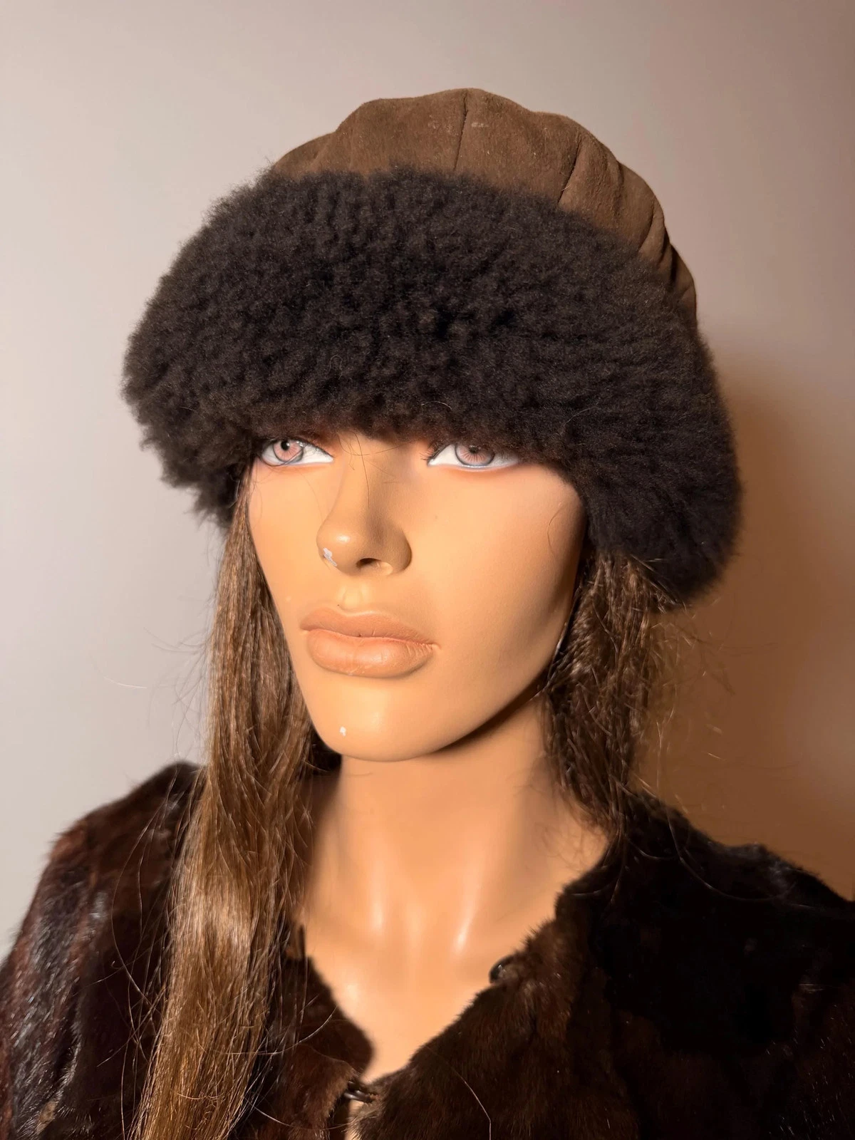Vintage Tuscan Lamb Fur Hat Brown Genuine Real Fur Winter Hat L XL