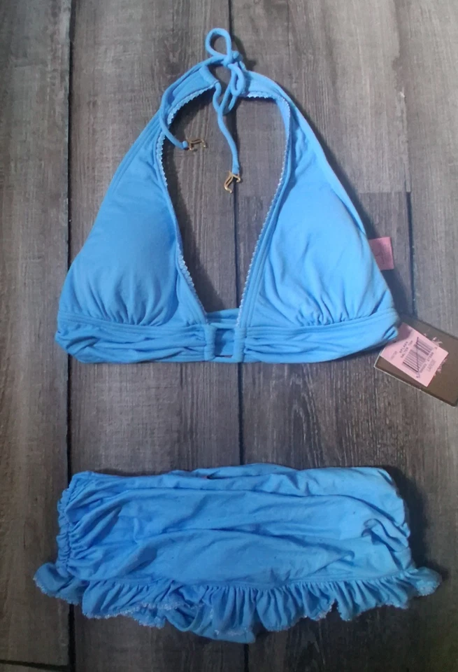 Juicy Couture Azul Salpicaduras Falda Halter Bikini Traje de Baño Grande Top Pequeño Botón Foto 2 de 4