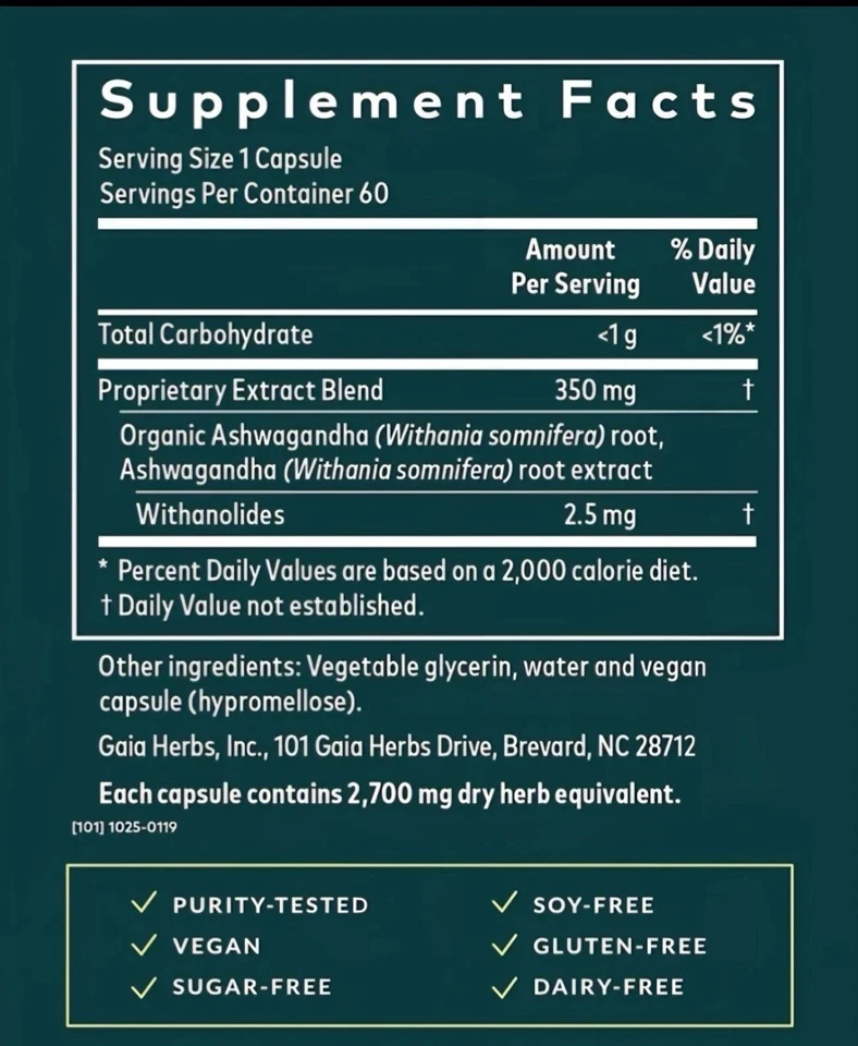 Gaia Herbs Ashwagandha Raíz Soporte Estrés 60 Fitocápsulas Líquidas Veganas 7/28 Foto 3 de 4