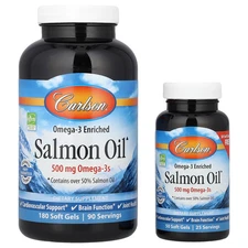 Carlson Labs Norwegian Salmon Oil 500 mg 180  50 Free Soft Gels Gluten-Free