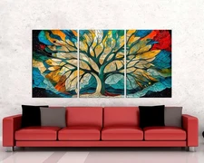 Tree of Life Mandala Canvas Set, Yggdrasil Large 3 Panel Wall Art, Nature Art