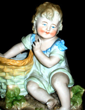 ANTIQUE GERMAN VICTORIAN ADORABLE BABY GIRL DOLL WITH BASKET BISQUE FIGURINE