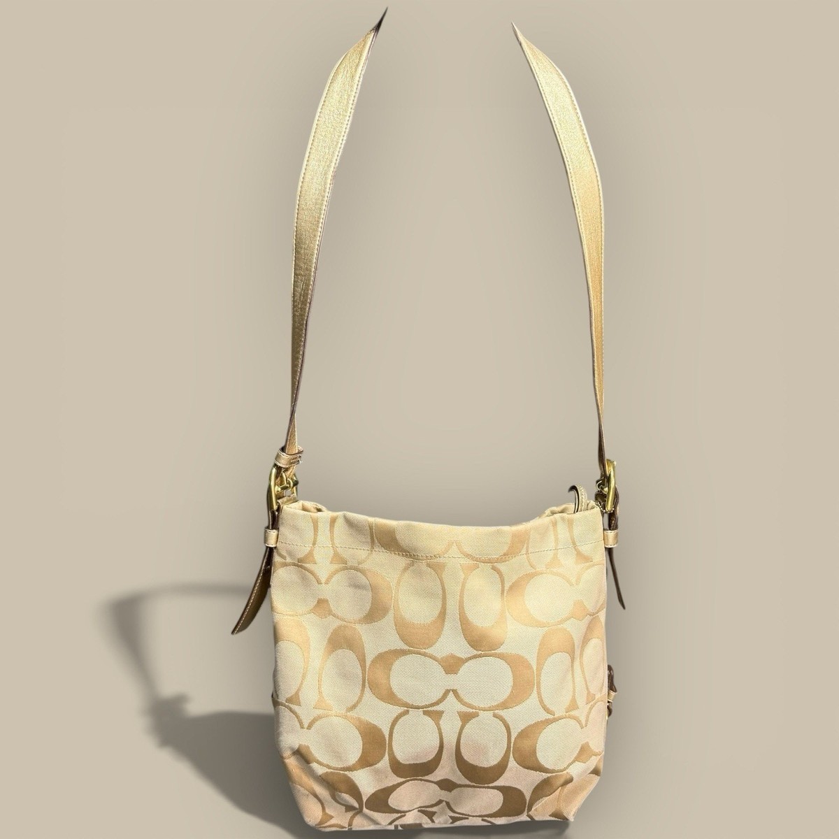 Y2K Authentic COACH F15067 Signature C Logo Jacquard Gold Hobo