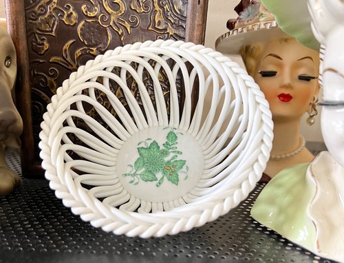 Vintage Herend Hungary White Porcelain Bowl Green Apponyi 4.5" Reticulated 7377 - Picture 10 of 11