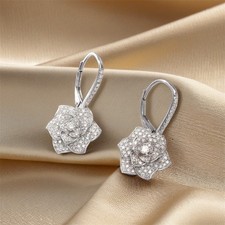 Silver Zirconia Flower Hoop Earrings Drop Dangle Jewelry Women Wedding Gift