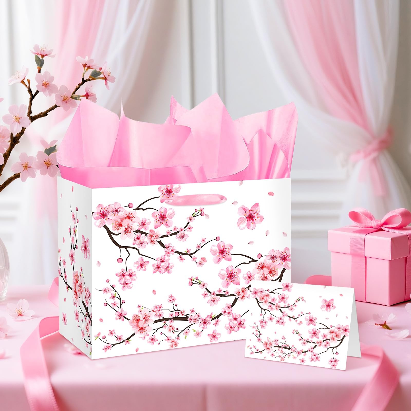Large Cherry Blossom Gift Bag with Tissue Paper and Card Sakura Pink Gift Bag...