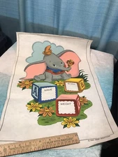 Vintage Liquid Embroidery Finished Fabric Art 1960's Baby Name Disney Dumbo