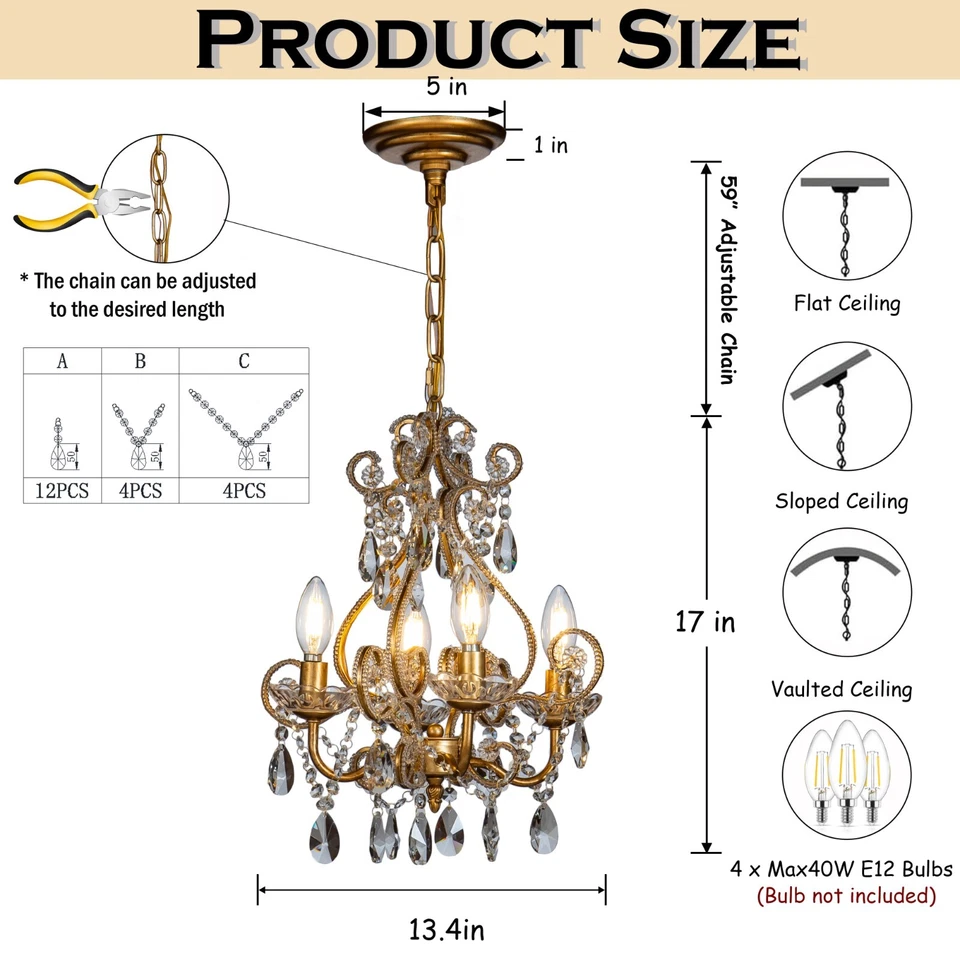 4-Lights 13" Small French Crystal Chandelier in Antique Gold - Image 3 of 4