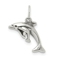 .925 Sterling Silver Children's Antiqued Dolphin w/ Baby Charm Kids Pendant