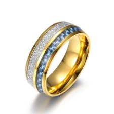 Men's Women's Blue Fiber Inlay Wedding Band Stainless Steel Gold Plate Size 7-12