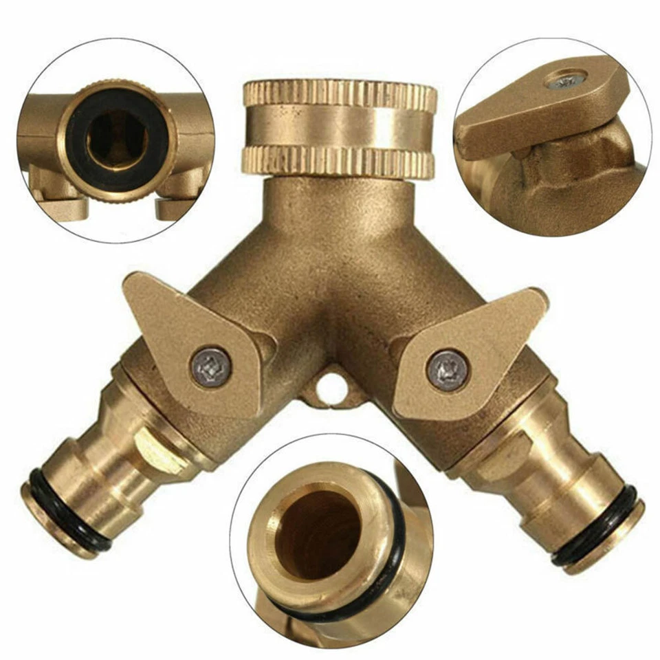 2 Way Brass Garden Hose Pipe Tap Adaptor Twin Hosepipe Connector Splitter Double - Image 3 of 4