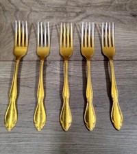 Vtg 5 Oneida Gold Color Stainless Steel Dinner Forks 7 1/4" Retired Pattern