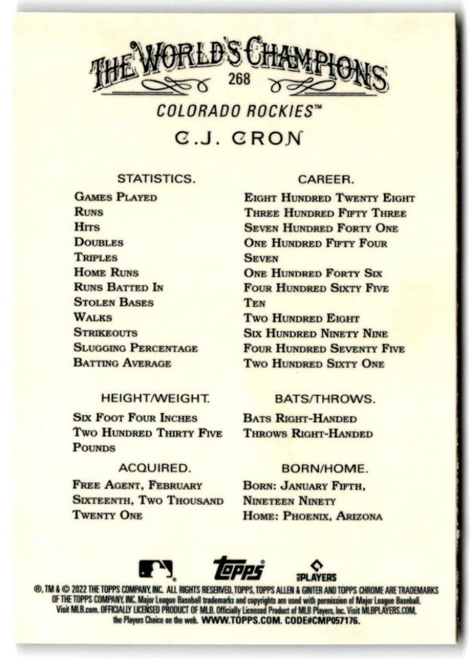 2022 Topps Allen & Ginter Chrome #268 C.J. Cron Colorado Rockies - Image 2 of 2