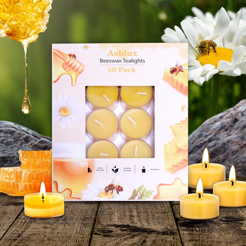 Unscented Beeswax Tealight Candles 50 Pack, 4 Hours Long Burning Handmade Yellow