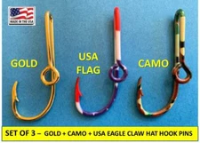 GOLD + CAMO + USA FLAG -- EAGLE CLAW FISH HOOK HAT PIN MONEY CLIP - Set of 3!
