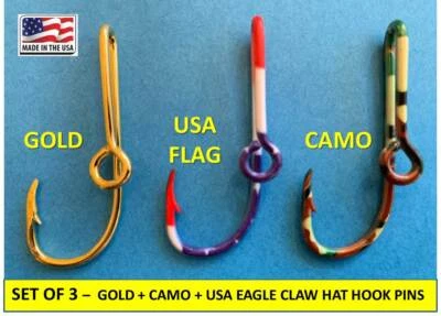 GOLD + CAMO + USA FLAG -- EAGLE CLAW FISH HOOK HAT PIN MONEY CLIP - Set of 3!