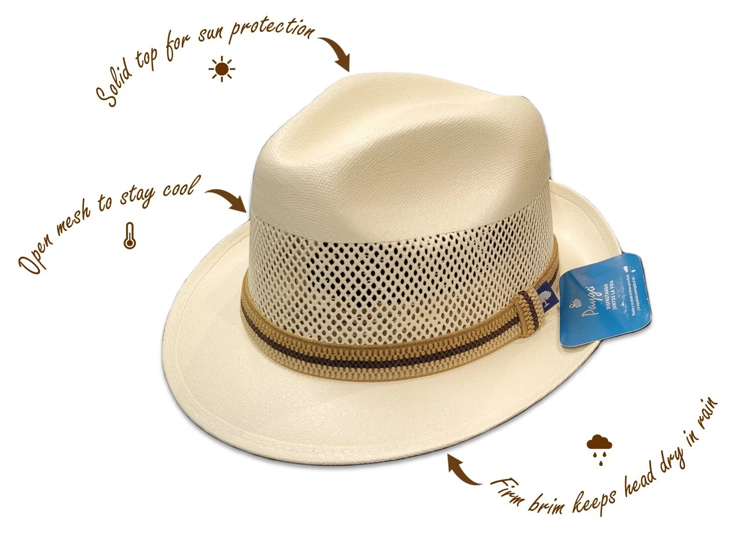 Fedora Hat Firm Straw - Breathable - for Sun or Rain - Premium Textured Band, L