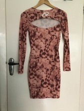 Pretty Little Thing Brown Print Logo Tie Dye Cut Out Bodycon Knee Length Dress 8