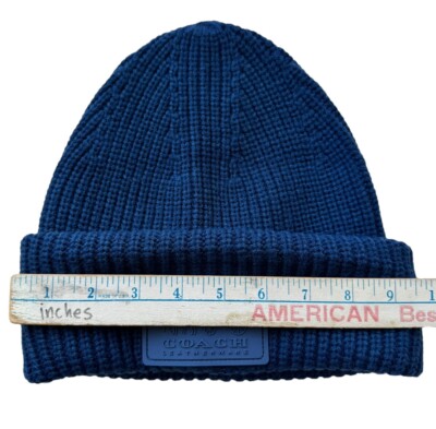 COACH Beanie Mens One Size Hat Blue Rib Knit Wool Logo Patch