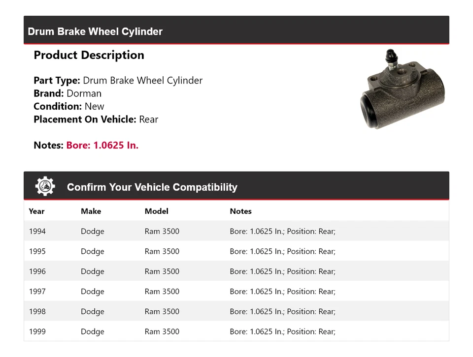 For 1994-1999 Dodge Ram 3500 Dorman Drum Brake Wheel Cylinder Rear 1995 1996 - Image 2 of 4