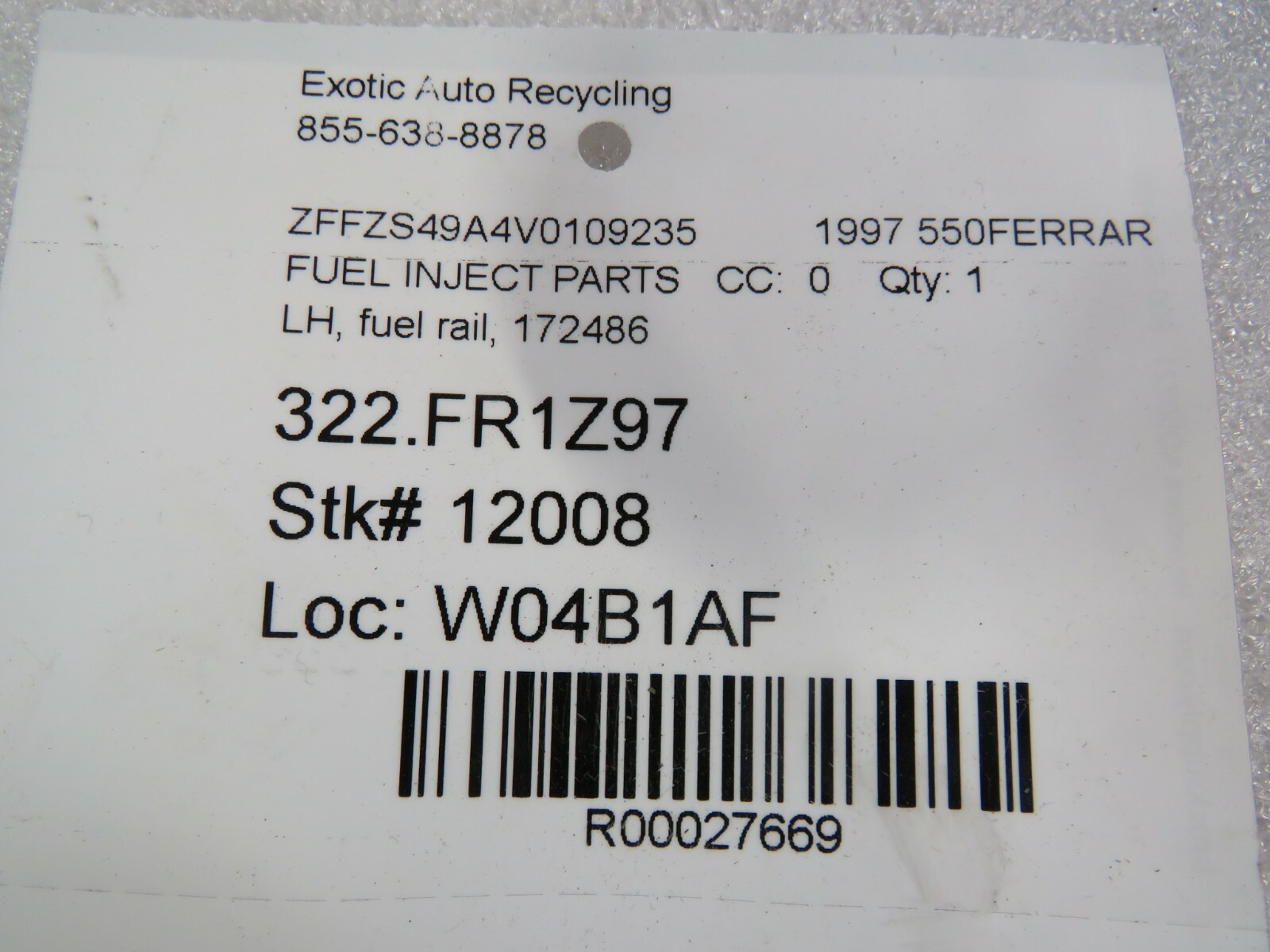 Ferrari 550, LH, Left, Fuel Rail, Used, P/N 172486