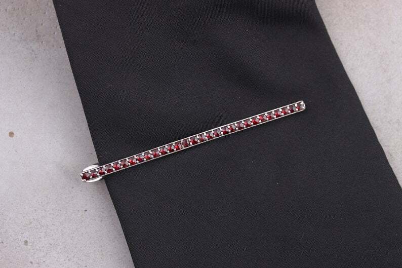 Fantástico clip de corbata vintage granate de corte redondo para hombre en plata maciza 935 plata argentina