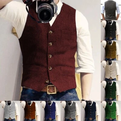 Burgund Herren Anzug Tweed Weste Jagd Herringbone Wolle Vintage Hochzeit Retro+ - Bild 1 von 4