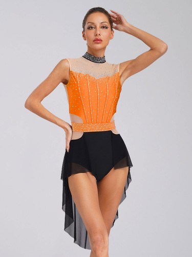 Women Lyrical Ballet Dance Costume Leotard Sleeveless Mesh Skirt Ruched Bodysuit - Picture 134 of 148
