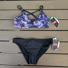TYR Women's Polyhedren Purple Geometric Cara Top & Black Bikini Sz M NEW 