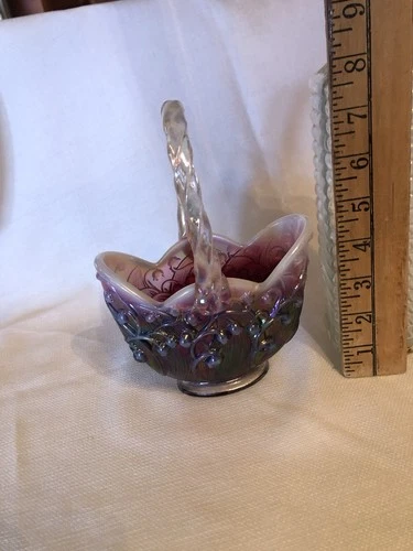 FENTON PLUM OPALESCENT LILY OF THE VALLEY BASKET SIGNED BILL FENTON