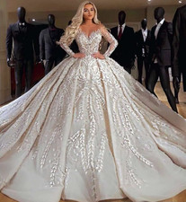 Ball Gown Dresses 3D Ral Appliques Beads Vestido De Noiva Sweep Train Arabic