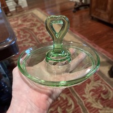Vintage Green Uranium Depression Glass Trinket Dish w/Heart Handle GLOWS!