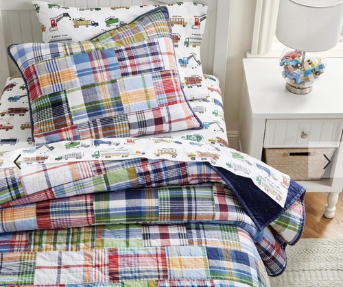 Pottery Barn Kids Blue Madras Plaid Patchwork Quilt Reversible Full /Queen EUC