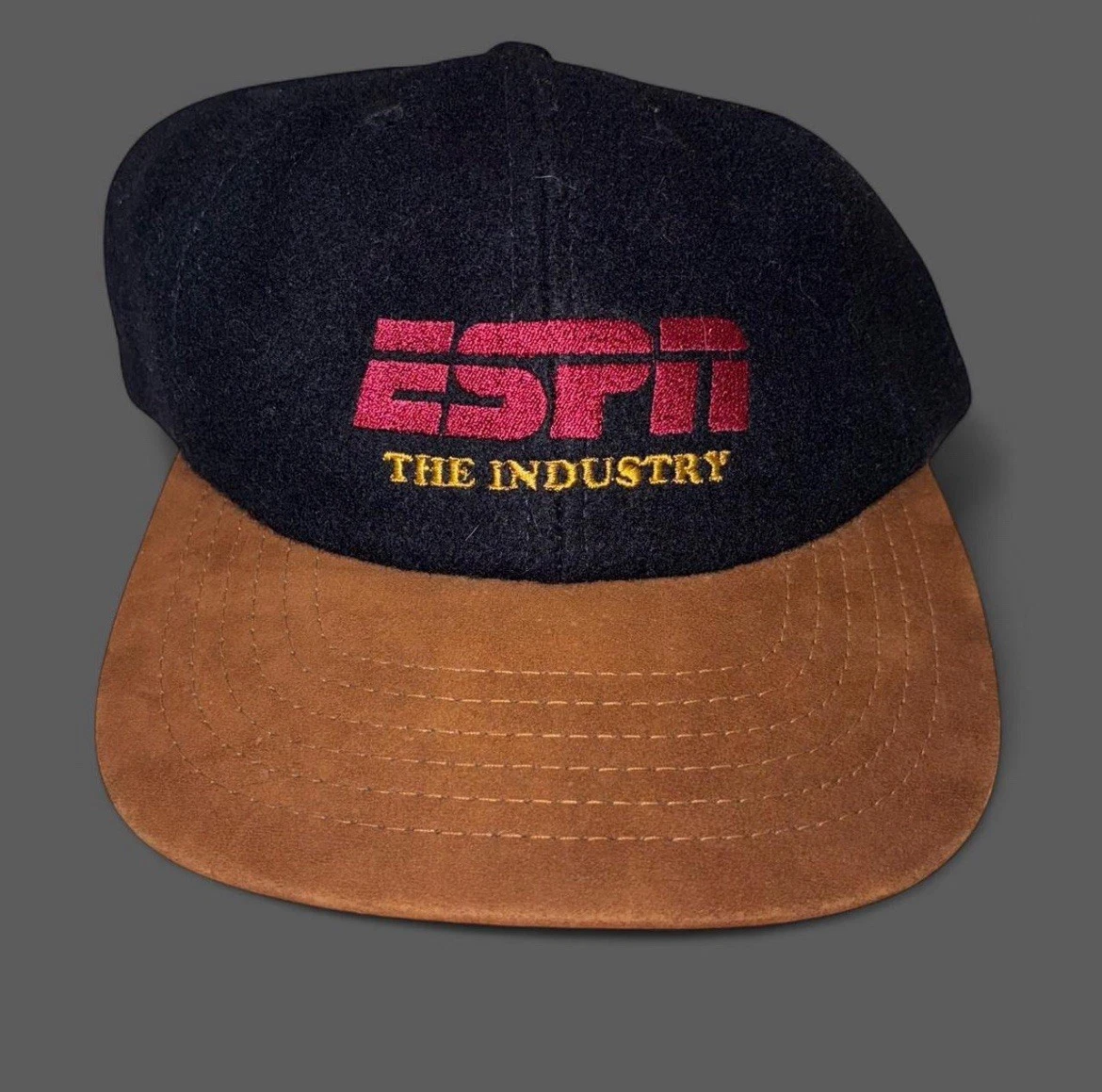 Vintage 90s ESPN The Industry Strapback Hat Wool Suede OSFA Black