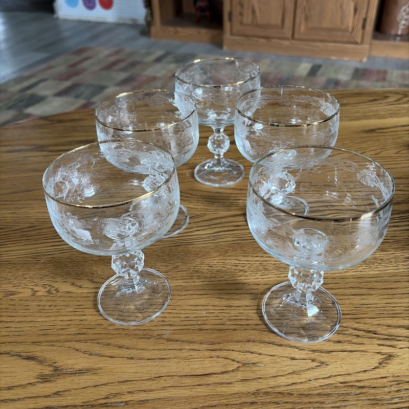 5 Vtg Bohemia Czech Crystal Queen's Lace  Gold Trim Etched Champagne Glasses