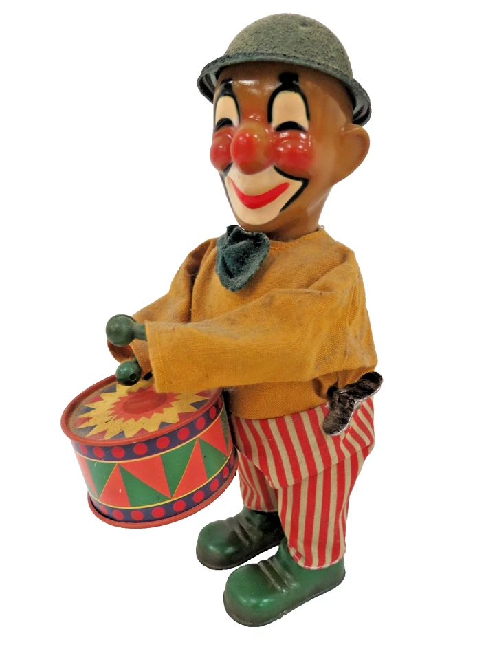 Vintage Wind Up Drumming Clown Tin Litho Mechanical Toy Clockwork Figure Works - Image 3 of 4