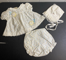 3pc Infant 3-6 Baby Girl Dress Bonnet Bloomers White Flowers Vintage 1980s Guc