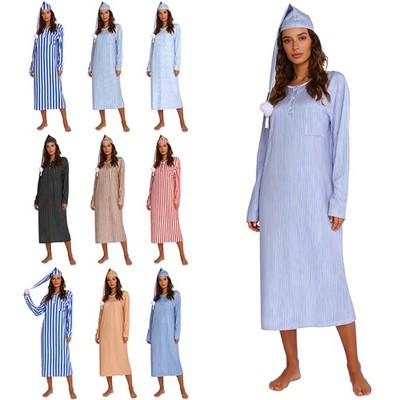 Women Loose Sleep Robe Pajama Set Casual Sleepwear Home Wear with Sleeping Cap