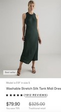 NWT Quince Washable Stretch Silk Tank Midi Dress Dark Green Sleeveless Lg