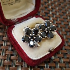 925 Sterling Silver Stud Earrings, Natural Black Onyx, Flower Studs, 925 Silver