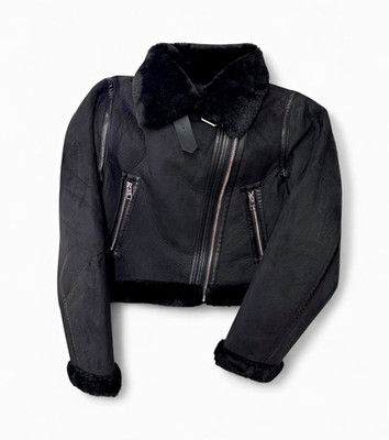Pull&Bear Women s S Black Aviator Jacket Faux Fur Trim Lined Full Zip Collared
