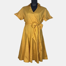 Sandro shirt dress sz 18 faux wrap cotton stretch midi a line yellow