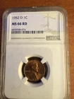 1952-D Lincoln Wheat Cent, NGC MS-66 RD, Full Mint Red with bonus PCGS cent slab