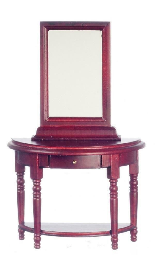 Dolls House Mahogany Table and Mirror Wooden Miniature Hall Furniture 1:12 Scale
