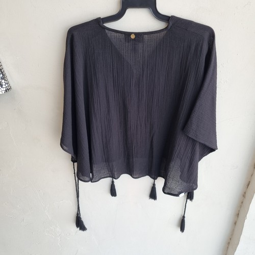 Antik Batik Womens XS Black Boxy Relaxed Fit Top V Neck 3/4 Sleeves Tessels Boho - Picture 7 of 7