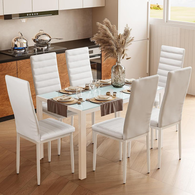 Bealife Kitchen Dining Table Set for 6, Tempered Glass 7 Piece Table and Chairs 