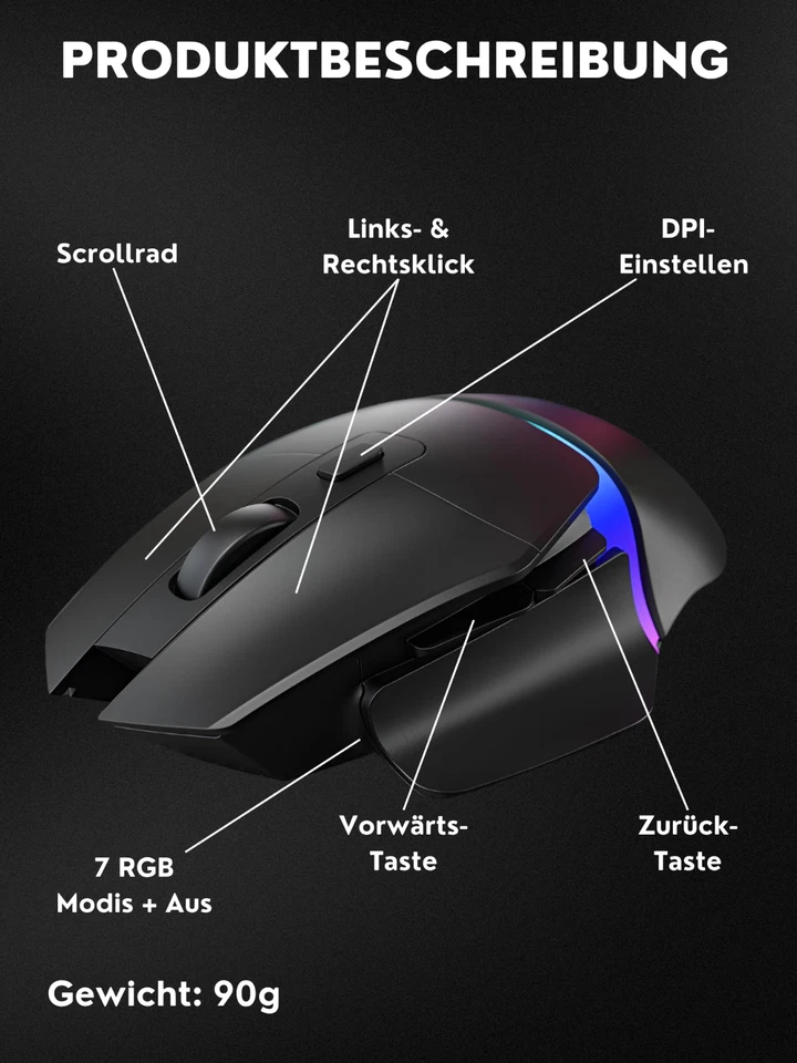 Bluetooth Gaming Maus Kabellos RGB Ergonomisch Funk 2.5G Schwarz Gaming-Maus - Bild 3 von 4