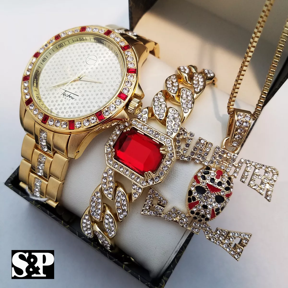 MEN S ICED HIP HOP WATCH SLAUGHTER GANG NECKLACE RED RUBY